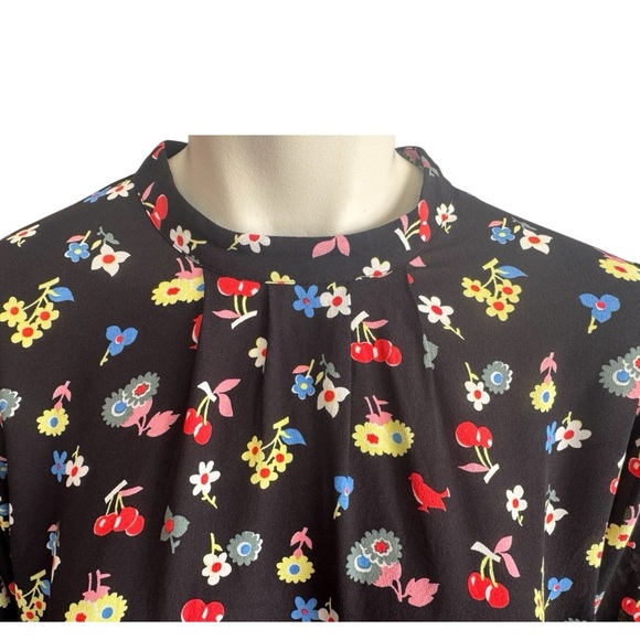 Boden Black Mock Neck Blouse with Colorful Flower and Cherries Design Women's 14 - Picture 10 of 14